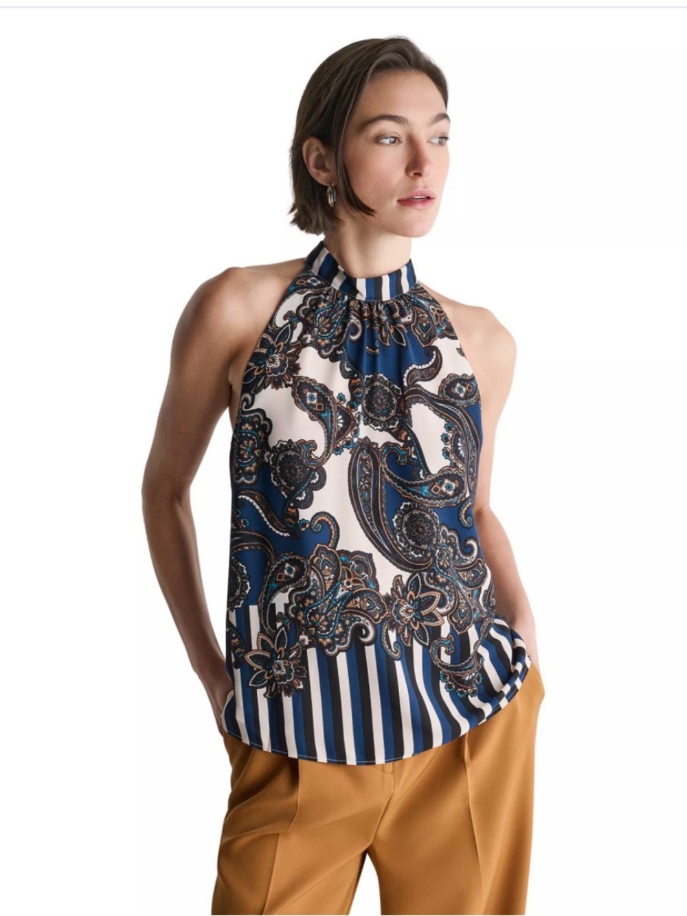 BCBG Navy, Cream & Brown Paisley Halter Top